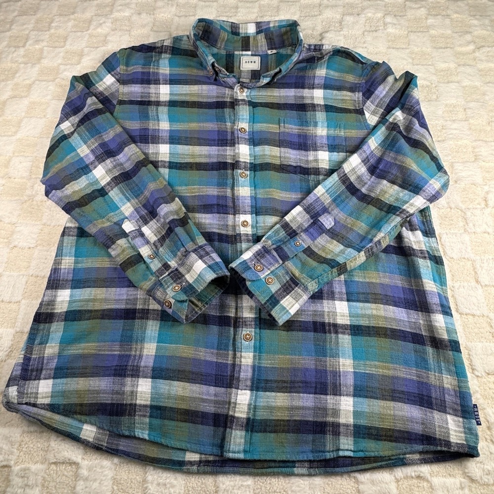 ROWM‎ XL Mens Plaid Button Down Shirt Long Sleeve Blue Purple Casual Top